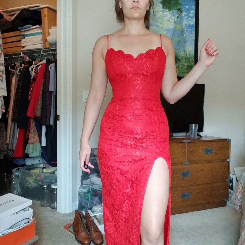 Scalloped Neck Red Lace Dress with Left Leg Slit